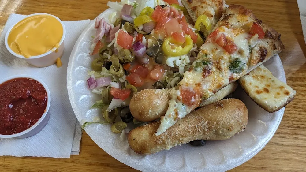 Pizza Buffet Salad Breadsticks Cheese Bread Chicken Parmezetti Pizza